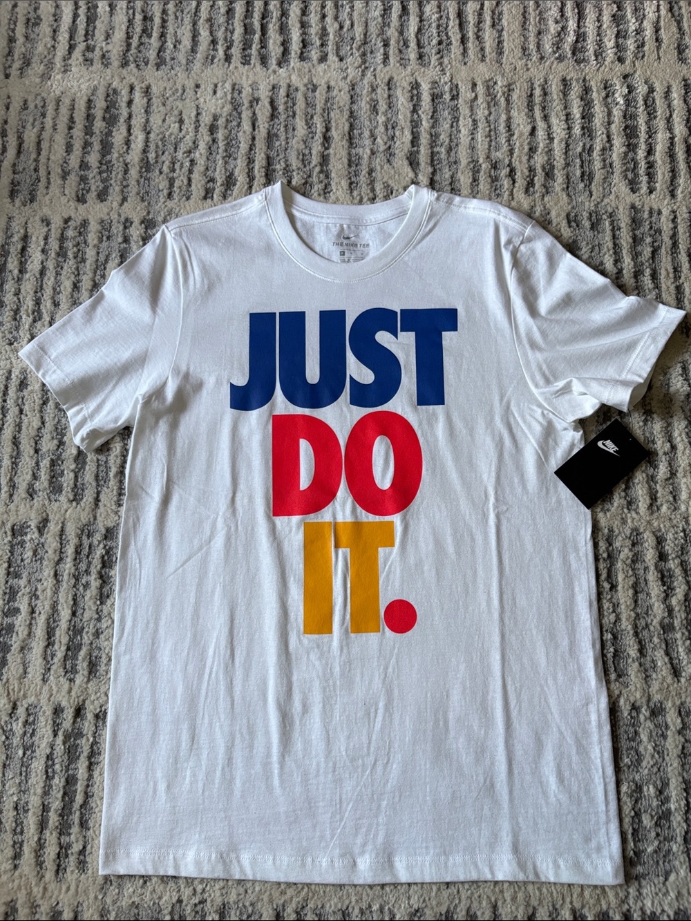 Nike Men’s White Short Sleeve Tee with Blue, Red & Gold 'JUST DO IT.' Graphic